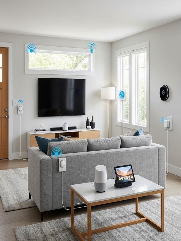 Home 8 Modern living room with smart speakers, plugs, sensors, and hubs
