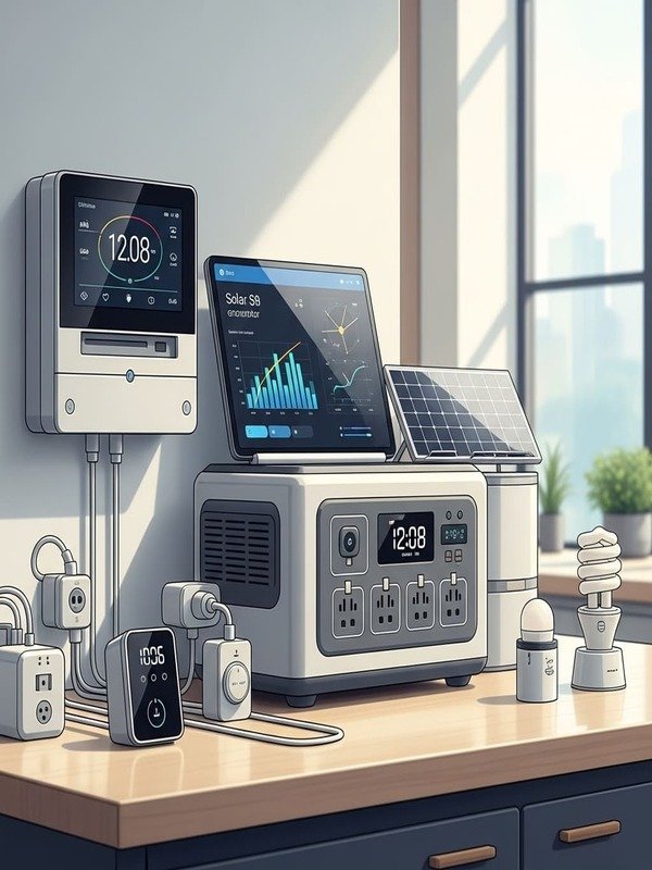 Home 13 Smart energy meters, solar monitors, and power stations on a modern countertop