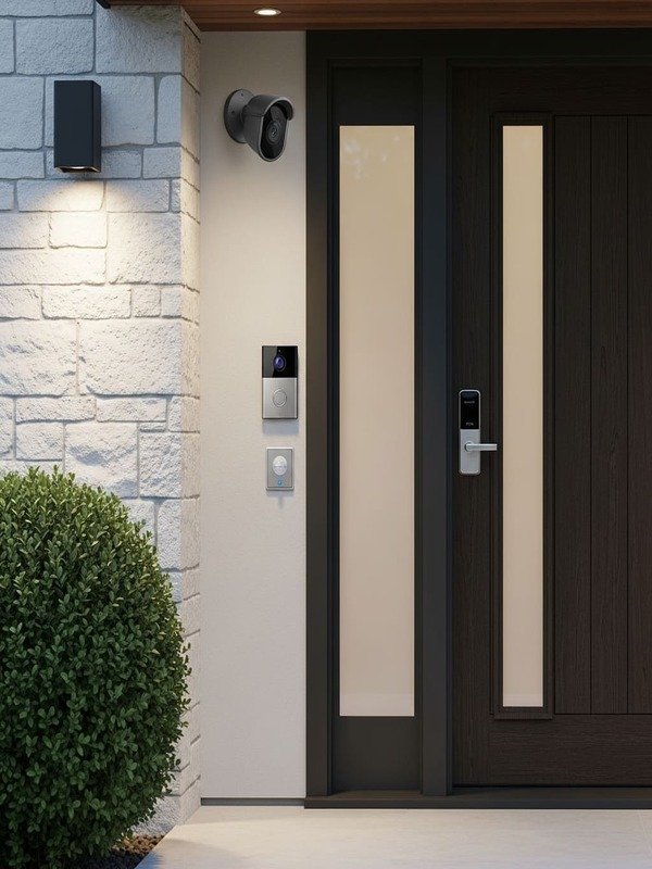 Home 9 Home entrance with smart security cameras, video doorbell, and motion sensors