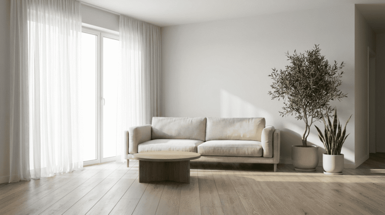 modern minimalist living room with neutral colors and zen atmosphere